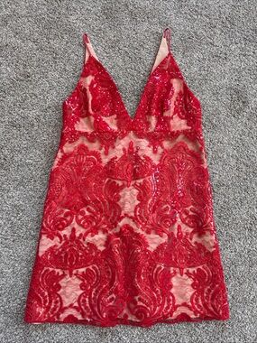 Free People Women’s Size 8 Red Lace Sequin V-Neck/Back Tan Slip Dress EUC
